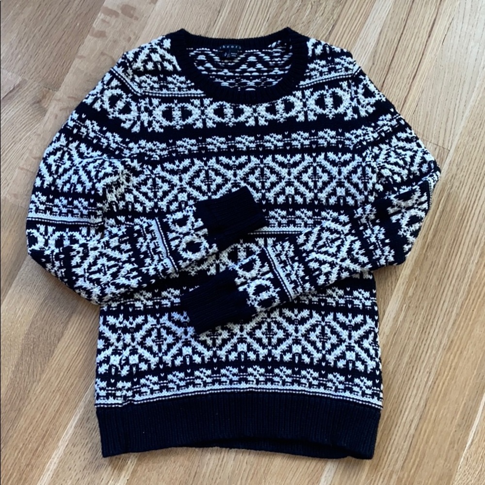 THEORY 100% Wool Chunky Knit Winter Sweater Tommie P Fair Isle Nordic B&W